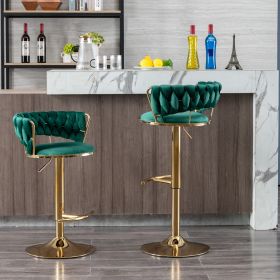 Set of 2 Bar Stools,with Chrome Footrest and Base Swivel Height Adjustable Mechanical Lifting Velvet + Golden Leg Simple Bar Stool-Green